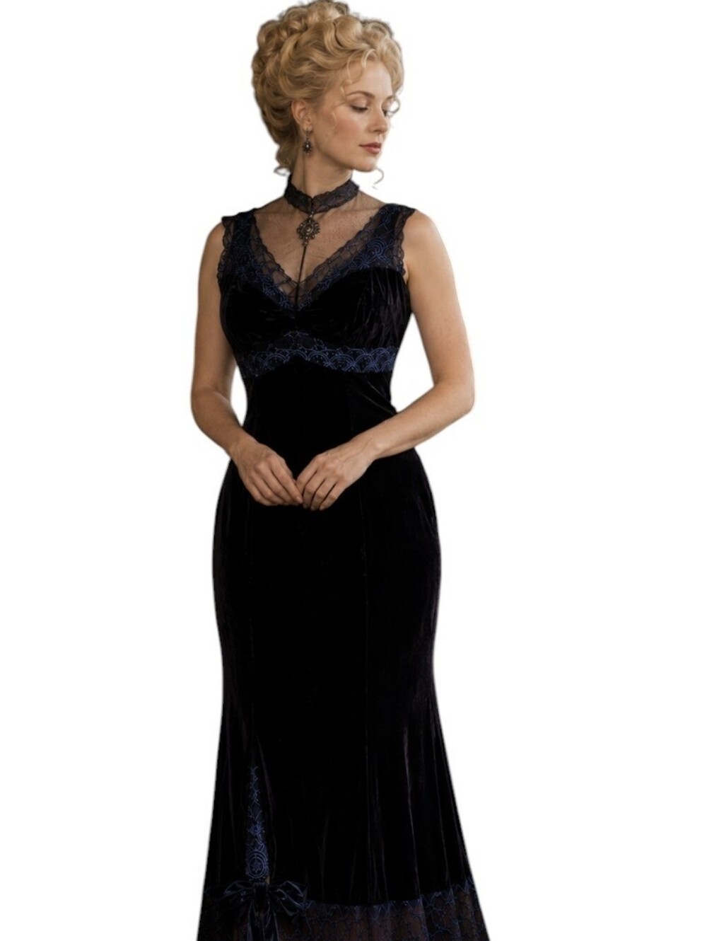 Rare Steffi Dobrindt Blue Velvet Gown Sheer Details V Neck Victorian Style L
